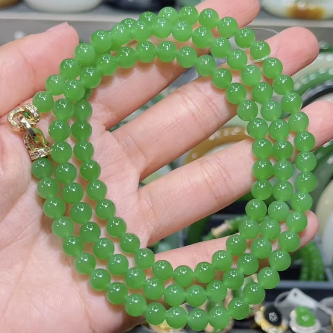 和田玉俄料碧玉高色苹果绿项链多圈手串6mm