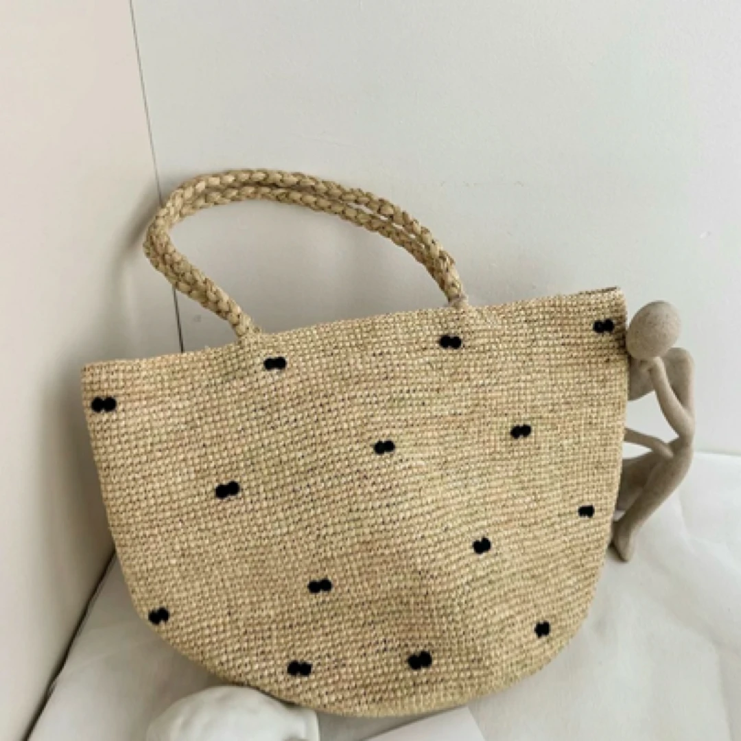 2025春夏拉菲草小波点手工编织包夏季度假沙滩女草编包手提单肩包