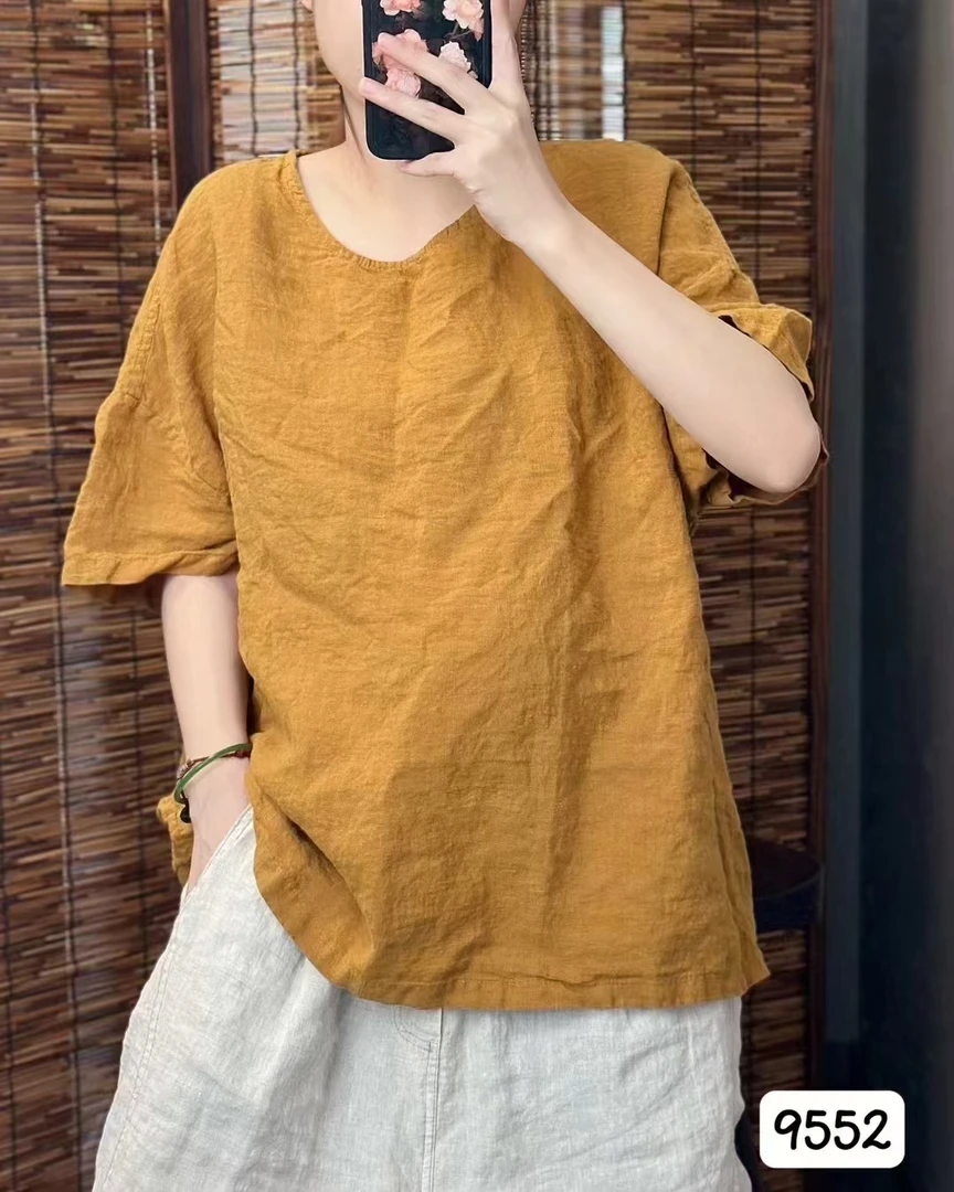 【麻秀】韩版时尚雨露亚麻纯色简约上衣宽松百搭复古文艺网红款