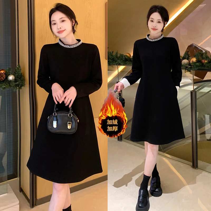 【韩墨墨】新年战袍加绒加厚长裙赫本风黑色显瘦连衣裙女9117/9118