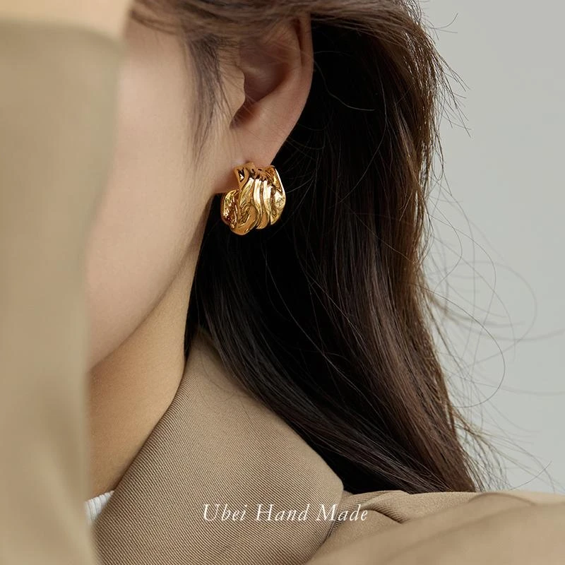 铜合金耳饰  时尚简约小众设计高级感圆圈耳环气质金属褶皱耳钉女