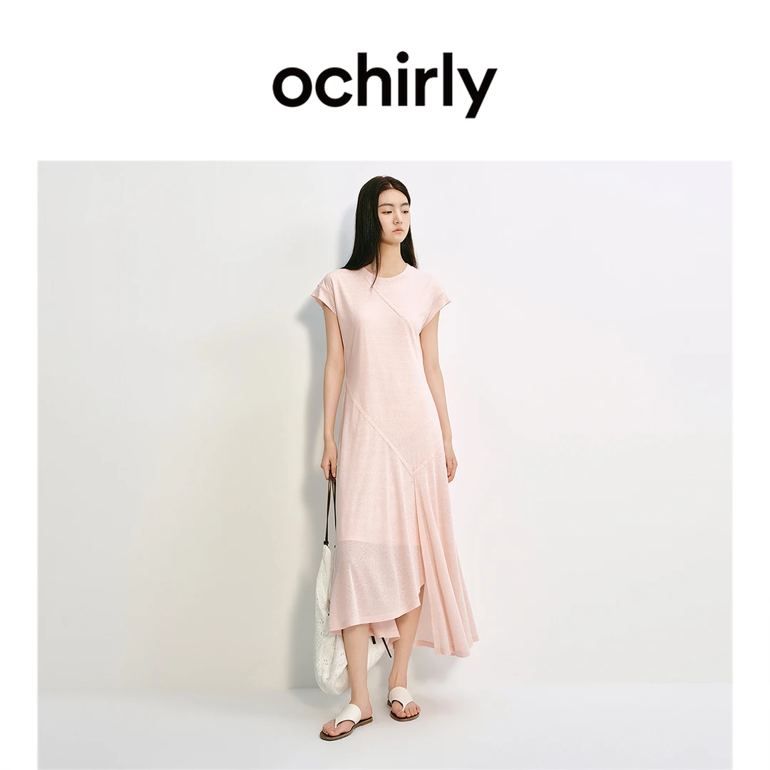 ochirly欧时力 圆领斜裁短袖连衣裙长裙内搭度假裙夏季2025新品