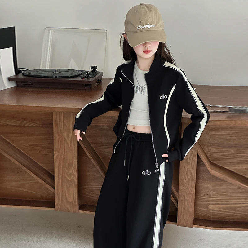 女童春秋立领卫衣套装2025新款儿童洋气大童拉条阔腿裤休闲两件套