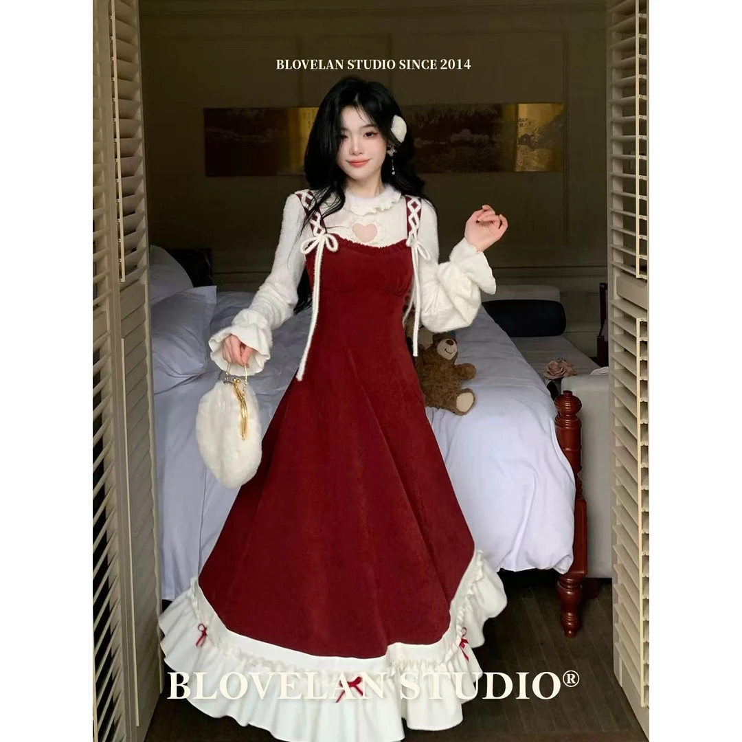 法式复古女新款甜美绑带连衣裙裙子磨毛上衣绑带拼接酒红色背带裙