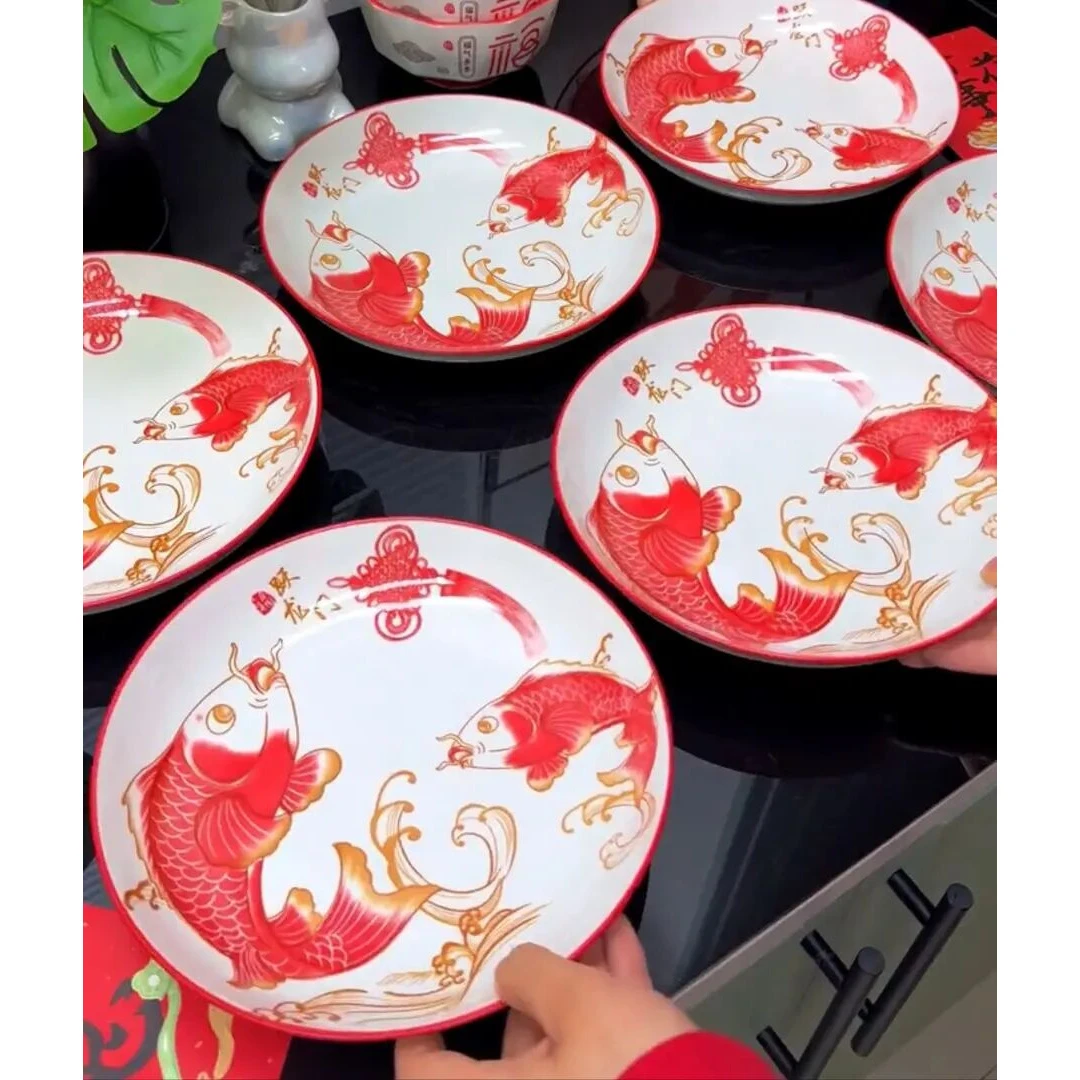 8英寸新年吉祥盘鱼跃龙门盘子装釉下彩工艺陶瓷瓷盘复古家用A246
