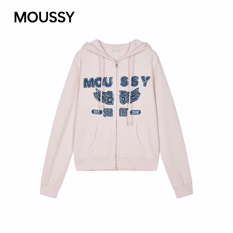 moussy 2025秋季新品休闲风字母连帽抽绳拉链卫衣女028IAA90-1027