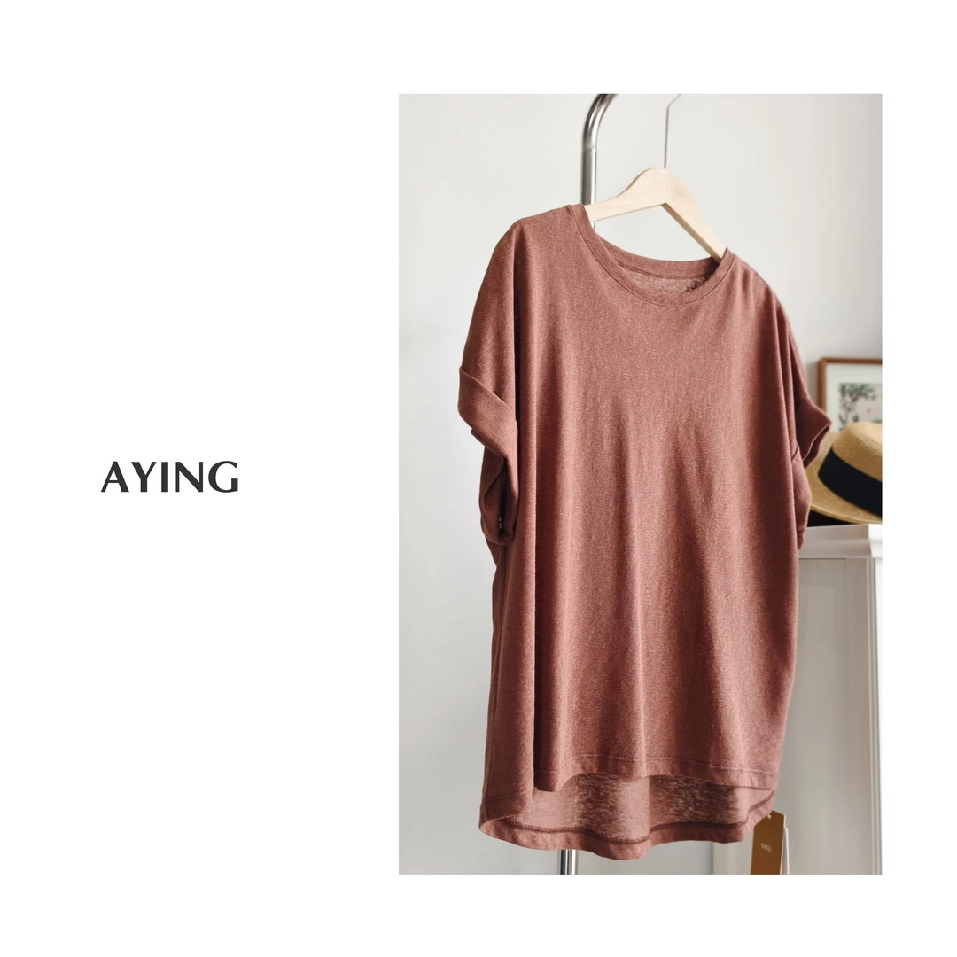 AYING  女士雨露麻薄款短袖挽边袖口宽松遮肉显瘦T恤