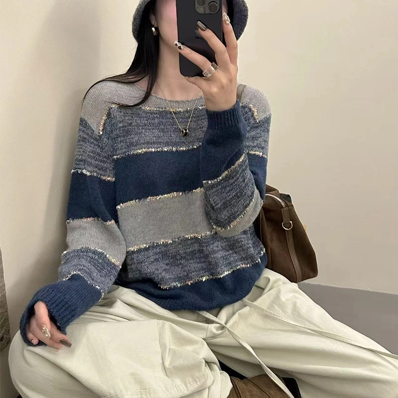 宽松慵懒风条纹针织衫女长袖秋装新款时尚洋气撞色复古上衣
