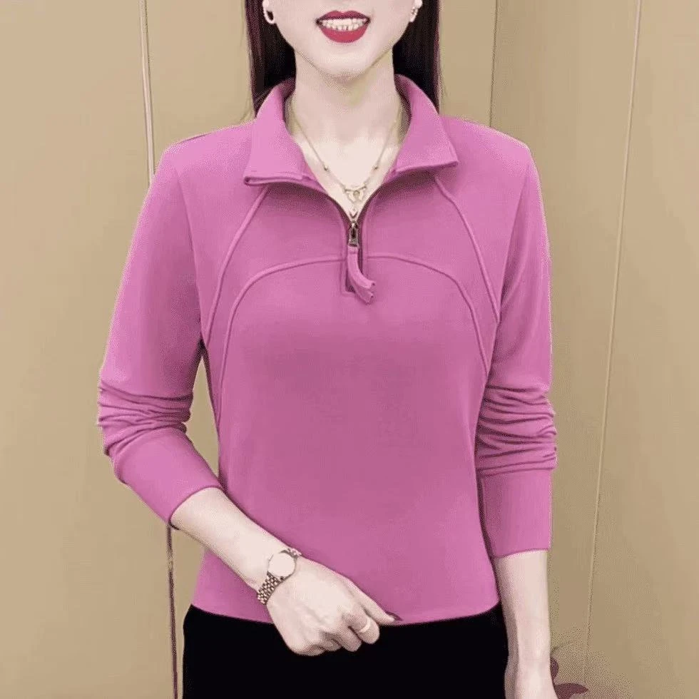 秋冬季新品德绒拉链时尚百搭显瘦加厚打底女士上衣洋气高档t恤