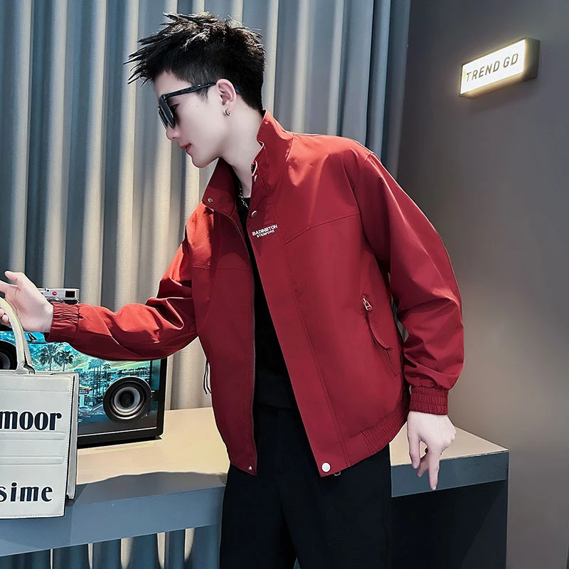 男士外套春秋季2025新款设计感拉链刺绣夹克条纹编织立领短款外衣