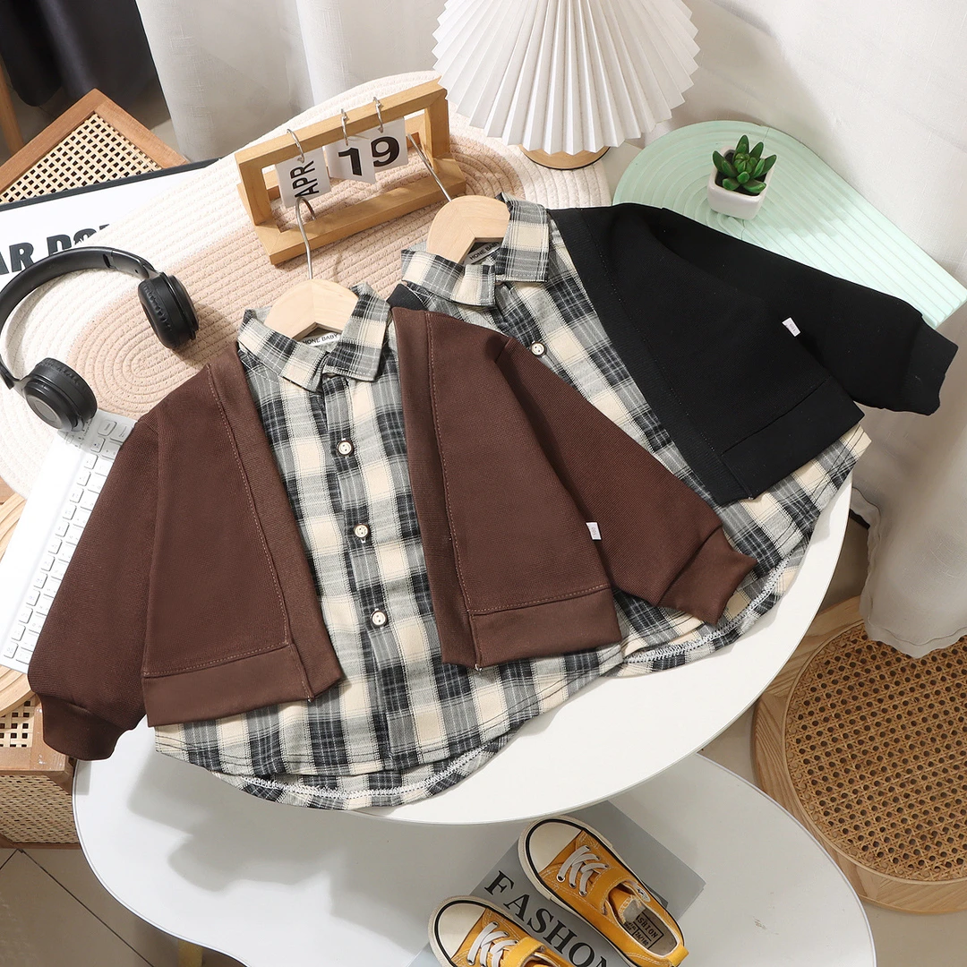 男童卫衣春秋2025新款男孩格子假两件衬衫上衣男宝宝翻领开衫外套