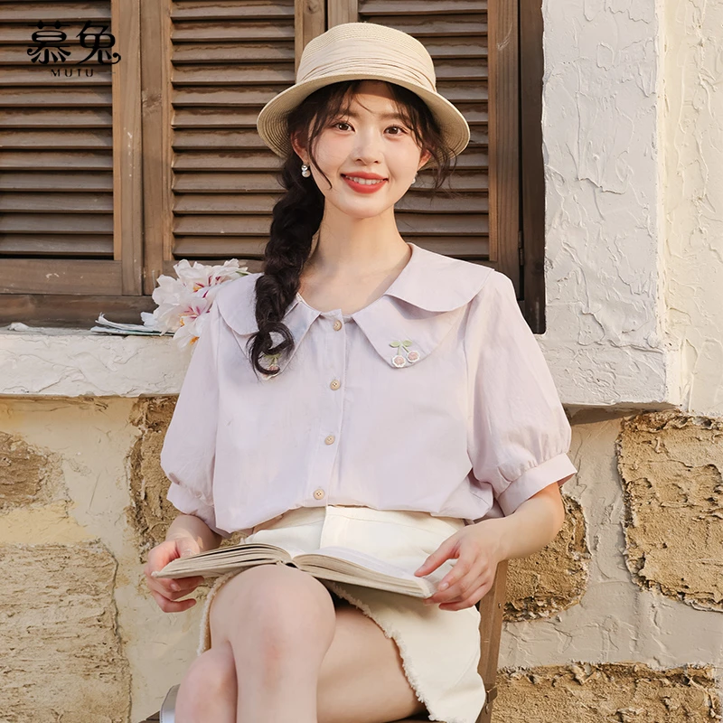 慕兔法式甜美双层娃娃领上衣女夏2025新款独特设计感小众短袖衬衫