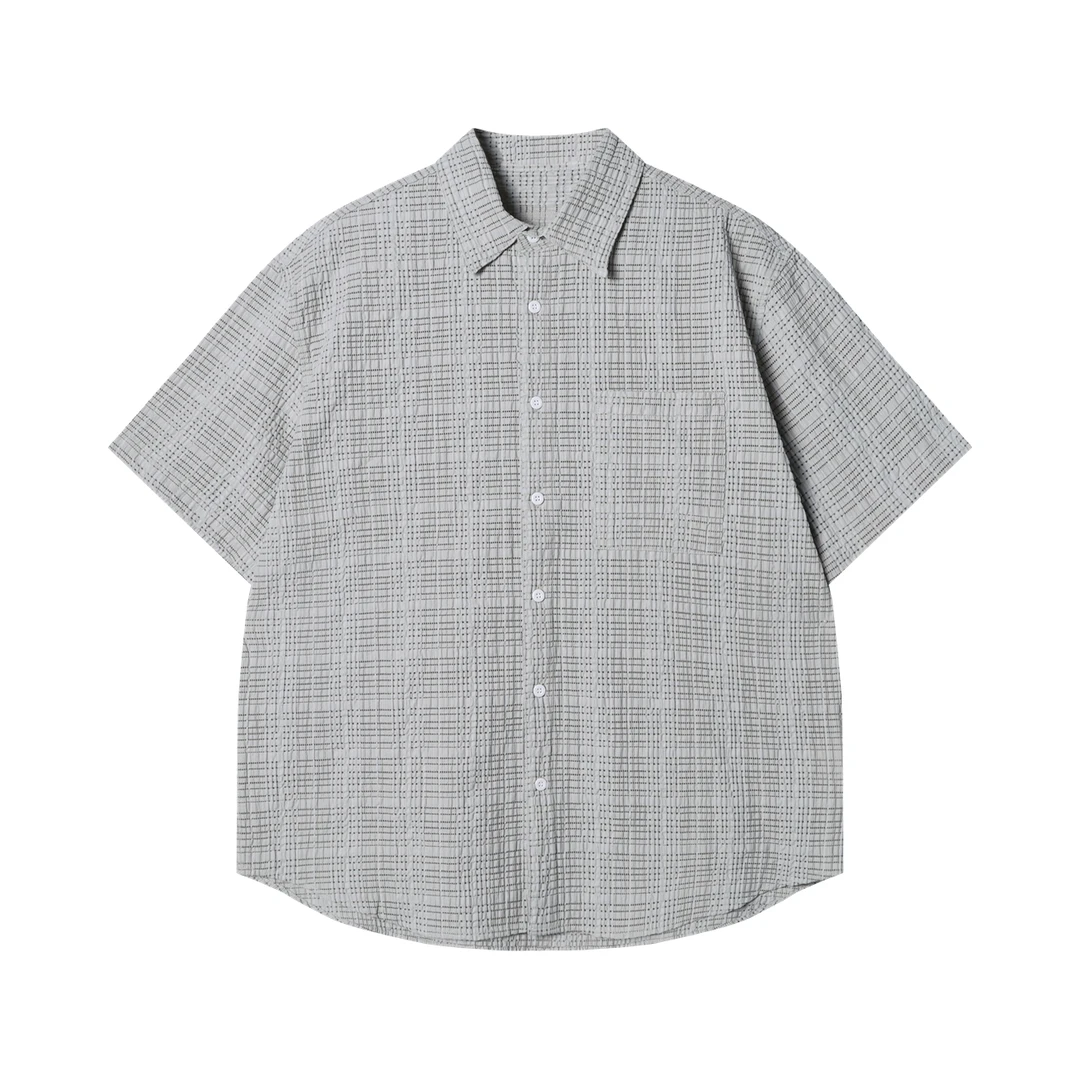 夏季高级感新款韩系镂空格子翻领短袖衬衫简约百搭复古宽松衬衣