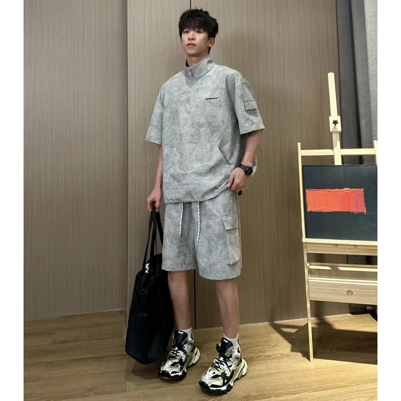 MANRE SHOW夏季薄款透气运动套装扎染短袖工装短裤套装情侣装潮流