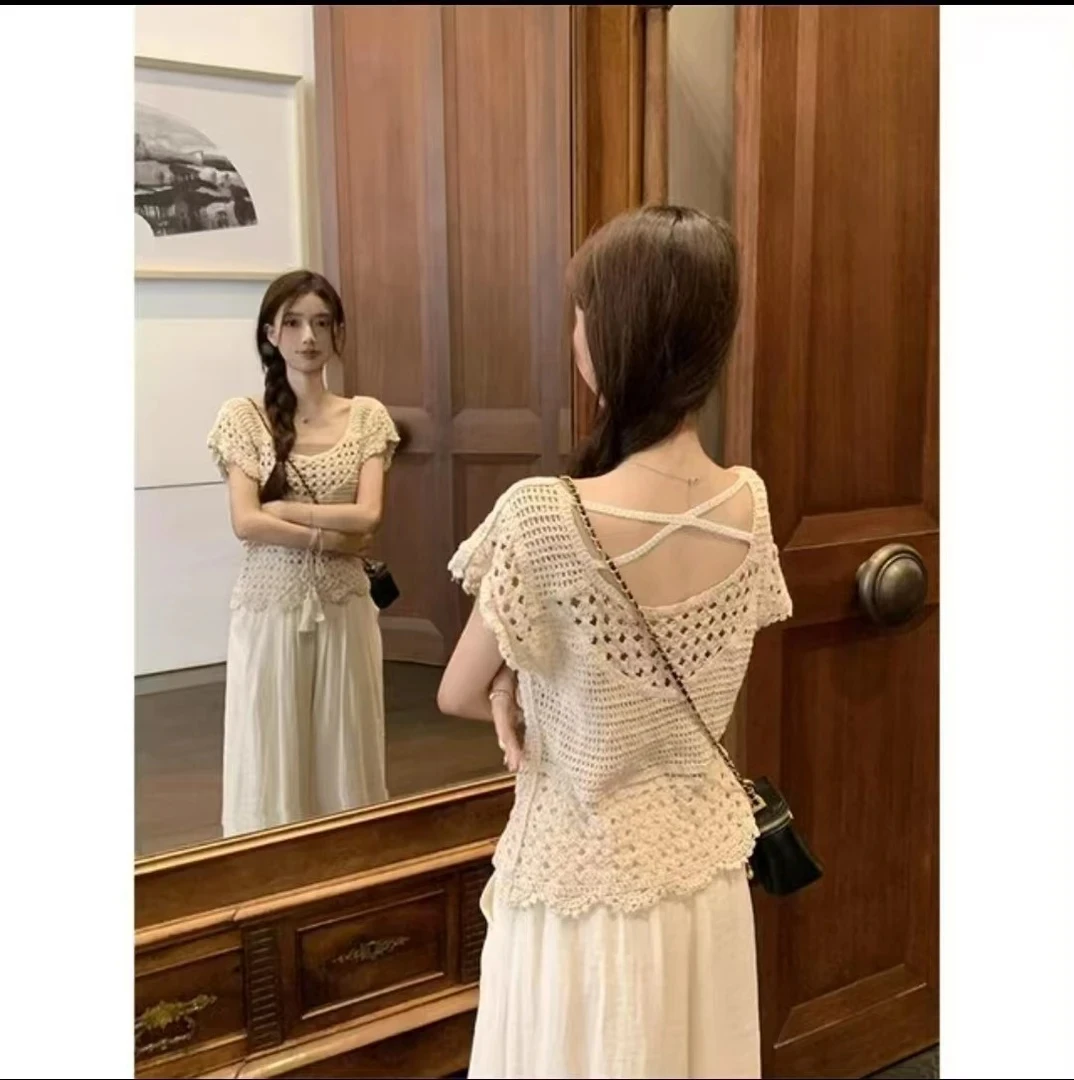 短袖夏季薄款通勤镂空INS风毛针织衫法式衬衫蕾丝短款复古TT003