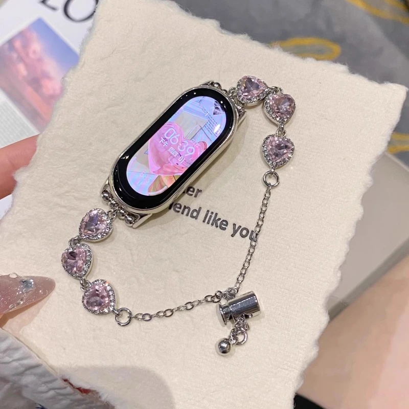 适用小米手环9/89Pro表带新款名媛式爱心镶钻粉色小香风链式腕带