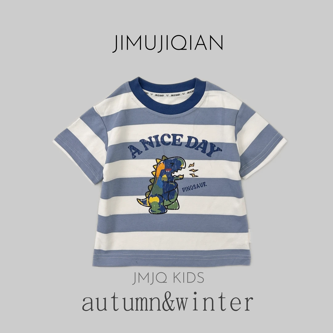 JMJQ夏季中小童韩版亲肤色织宽条卡通印花清爽短袖体恤25360