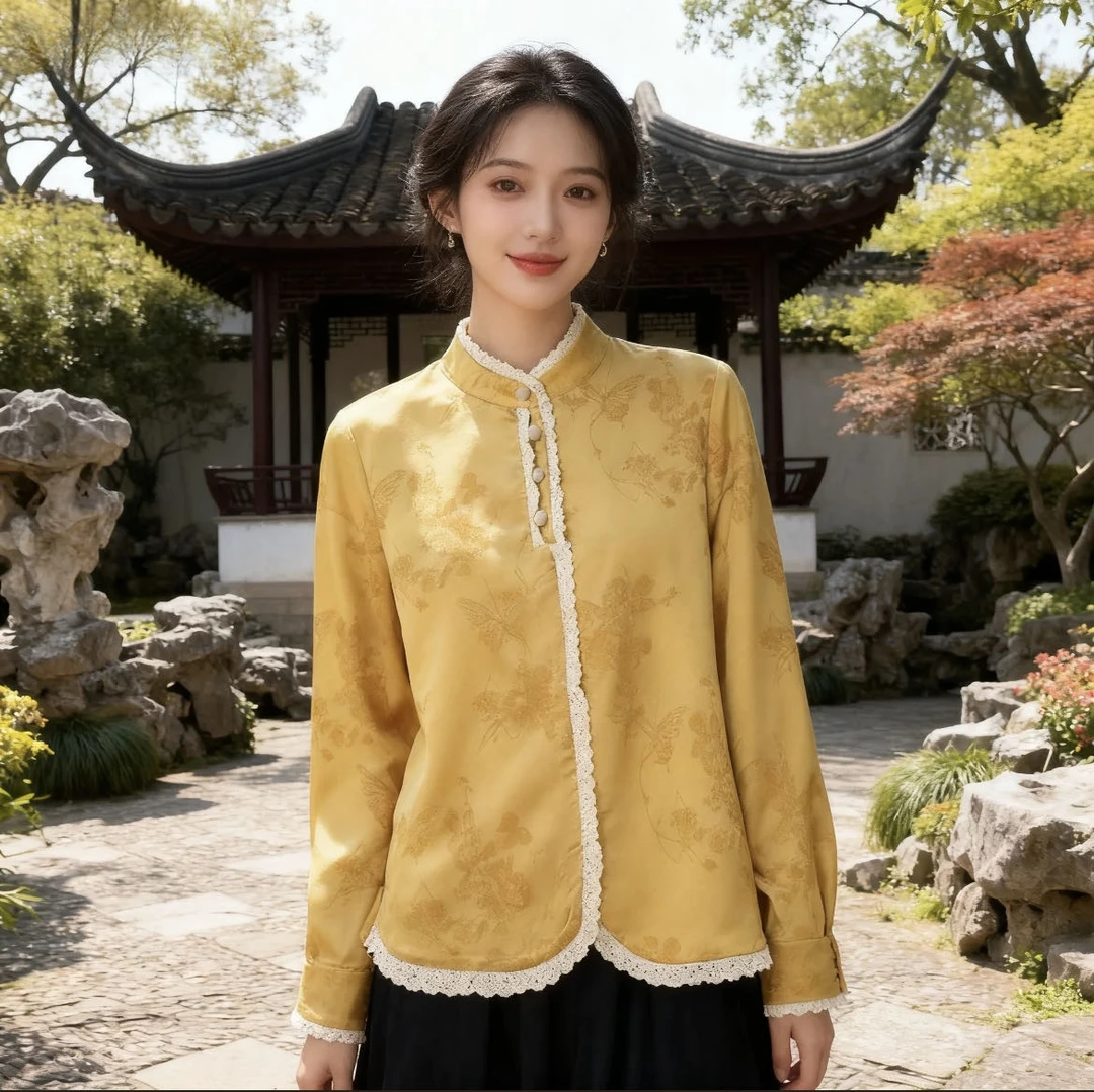 C1新款中式提花缎面长袖立领衬衫国风气质女装打底上衣