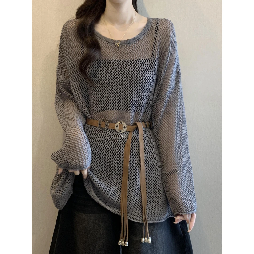 镂空冰丝针织罩衫女外穿夏季大码胖mm显瘦中长款系带收腰上衣