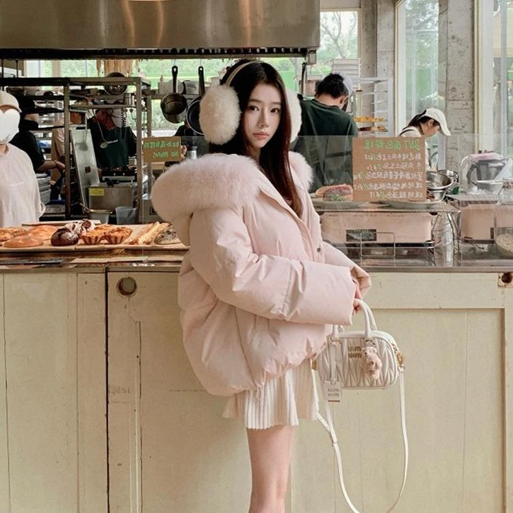 粉色狐狸大毛领连帽短款羽绒棉服2025年冬季韩版宽松韩版狐狸毛领