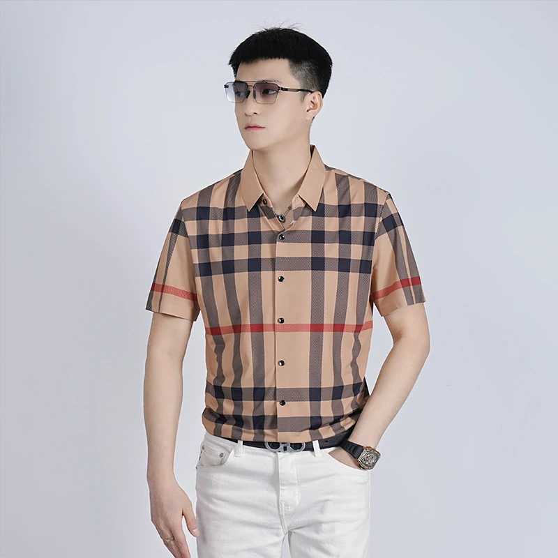 GUGHJ/2025秋季新款时尚潮流刺绣男士长袖修身帅气格子长袖衬衫