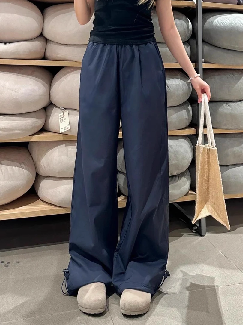 藏青色裤子宽松bf慵懒风阔腿裤女夏直筒运动裤大码胖mm速干工装裤