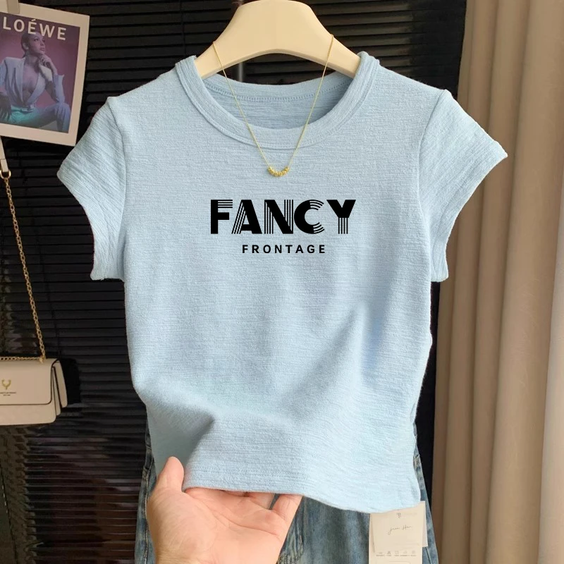 韩系正肩蓝色肌理感短袖女夏显瘦圆领不撞款百搭上衣t恤T恤卡通