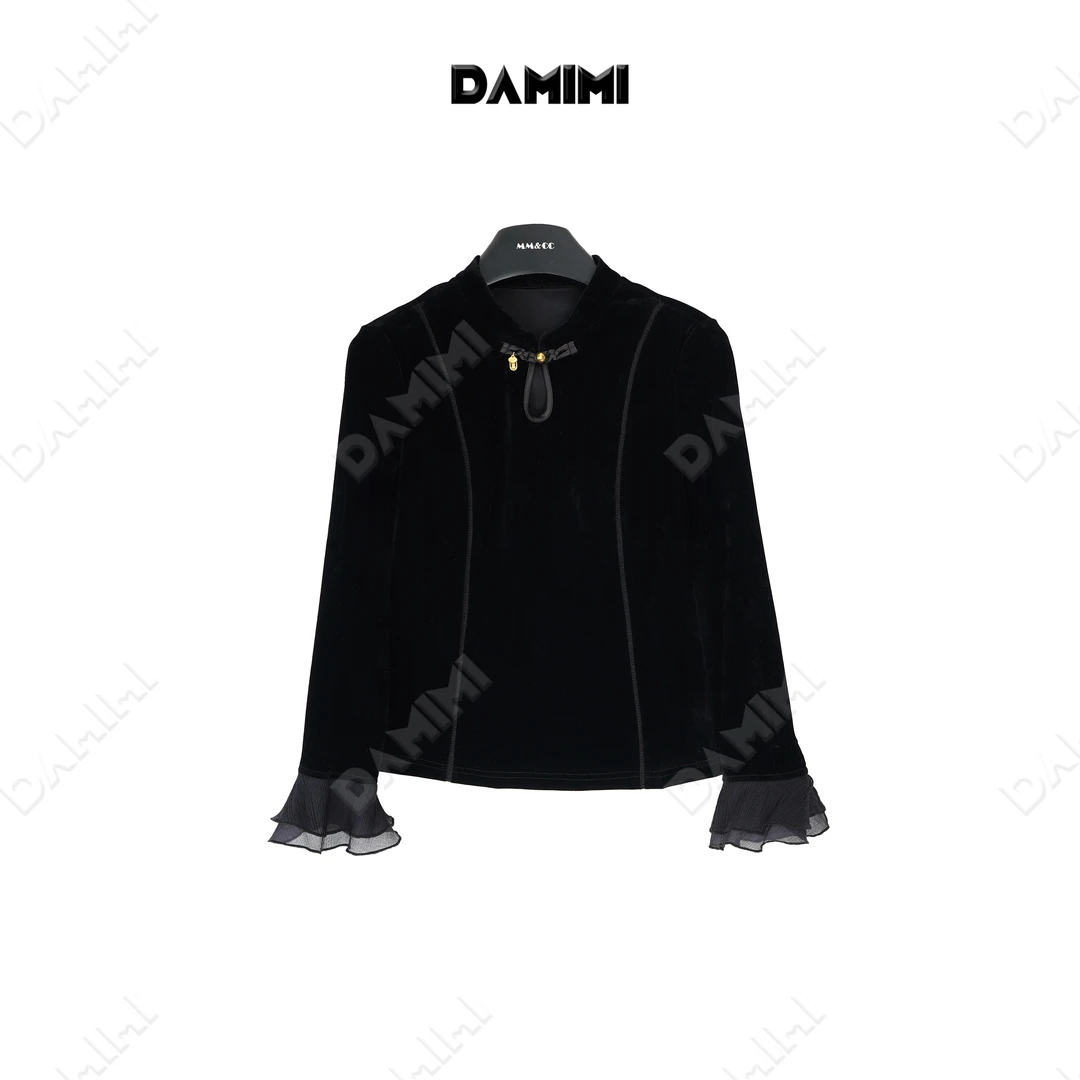 【青墨】新中式国风盘扣拼接蕾丝立领衬衫春季新款显瘦上衣G8023