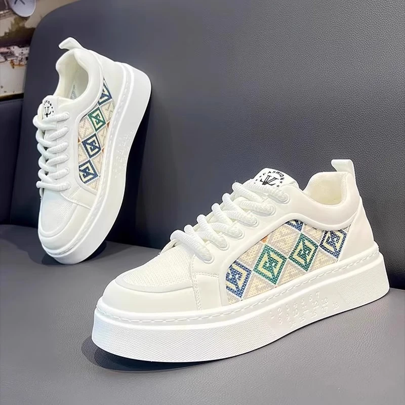 okkdey男鞋透气高级感百搭休闲印花板鞋厚底皮面增高运动小白鞋