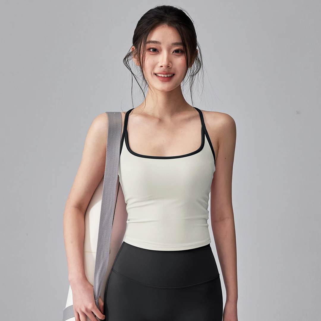 细带美背吊带瑜伽服背心带胸垫固定杯防震运动内衣拼色普拉提文胸