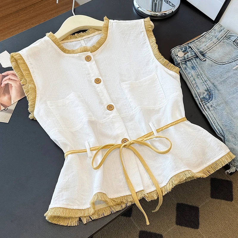 韩系单排扣毛边马甲衬衫女2025夏季新款时尚系带收腰无袖坎肩上衣