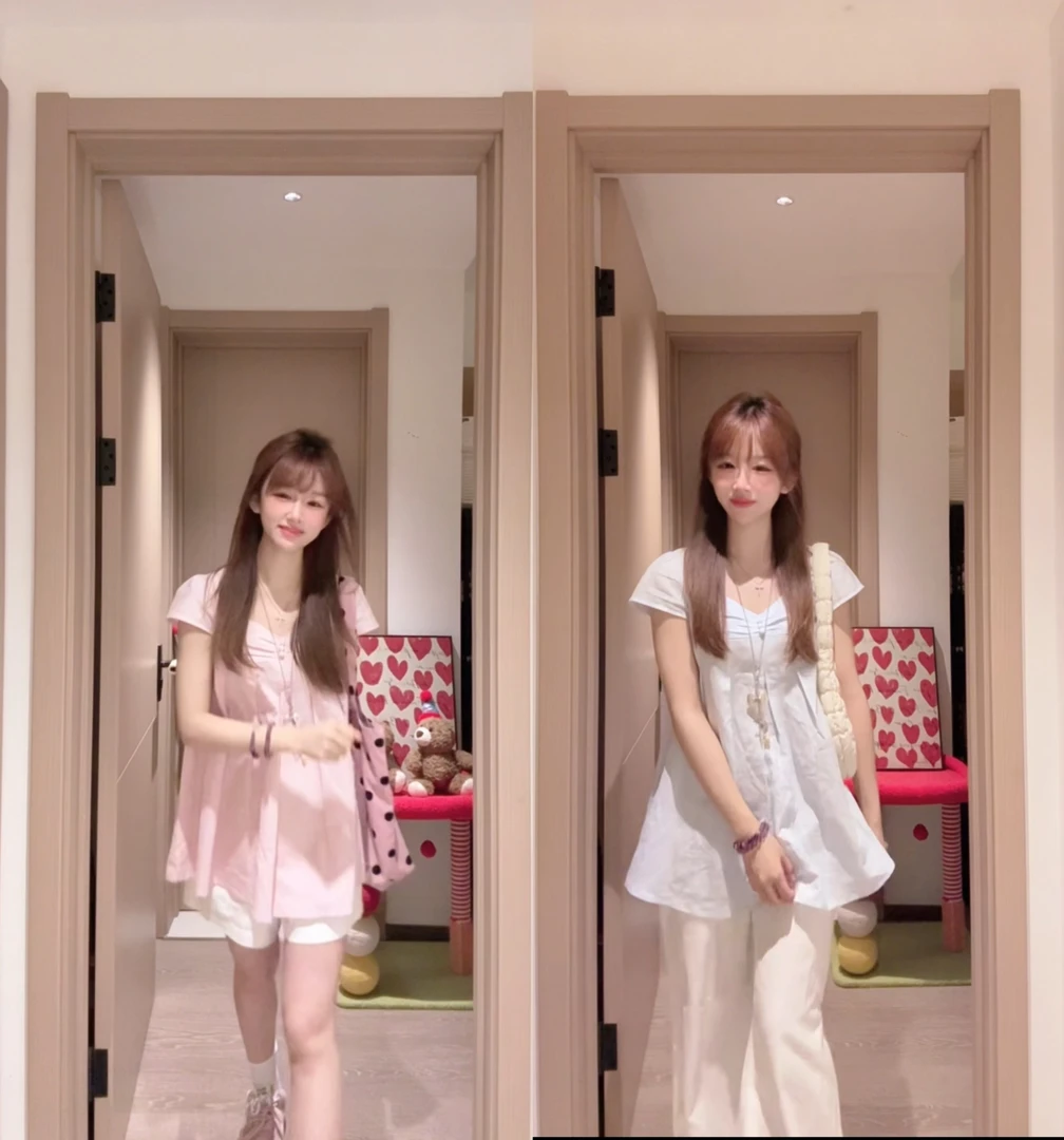 2025夏季新款亚麻奶蓝色包扣设计百褶短袖上衣