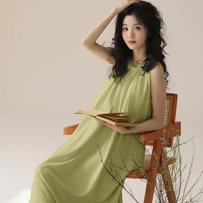 睡裙女夏季抹茶绿带胸垫休闲高档可外穿长裤连衣裙甜美宽松连衣裙