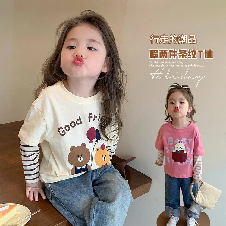 女童t恤春秋2025新款儿童洋气春季长袖上衣女宝宝春装纯棉打底衫T