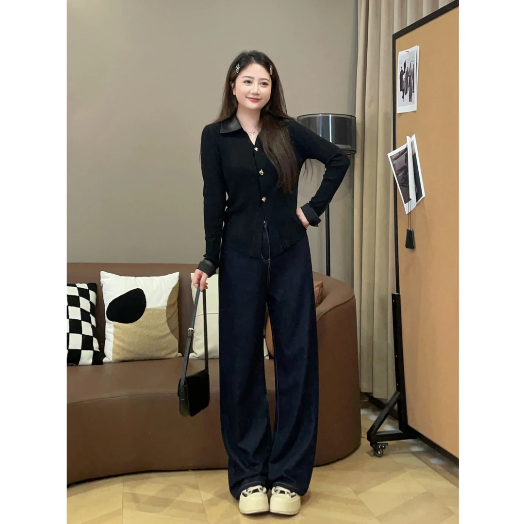 大萌萌 早秋拼皮收腰长袖上衣+高腰牛仔裤微胖显瘦套装P225S13778