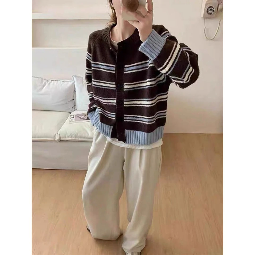 2025港味复古条纹撞色长袖毛衣外套女秋季宽松显瘦上衣82033#0.15