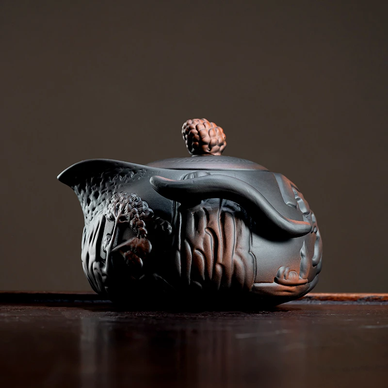 紫陶堆雕迎客松手抓壶防烫陶瓷功夫茶具茶杯复古泡茶壶家用紫砂壶