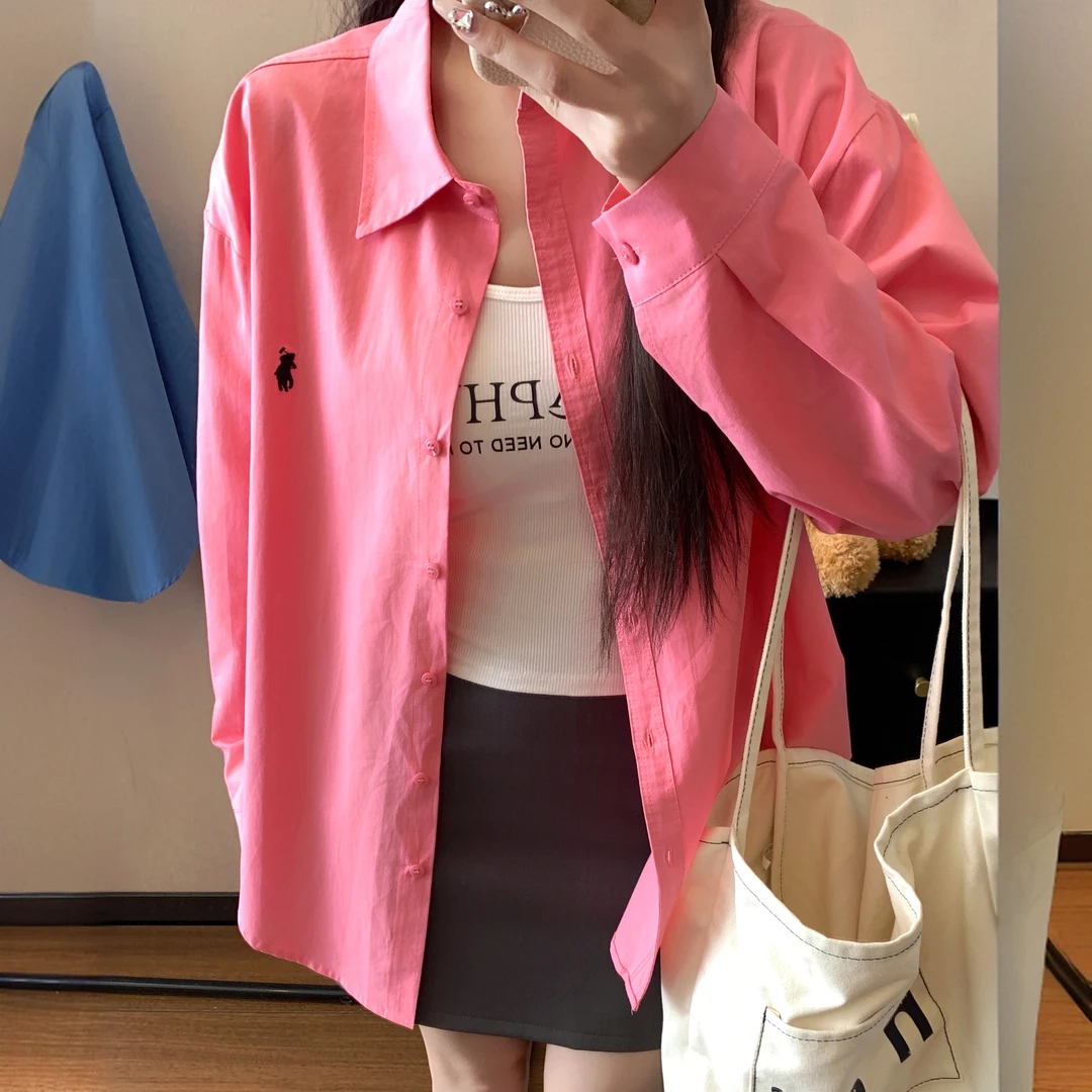 纯棉新款刺绣骑士多色水洗棉气质宽松百搭长袖潮流简约女款女衬衫