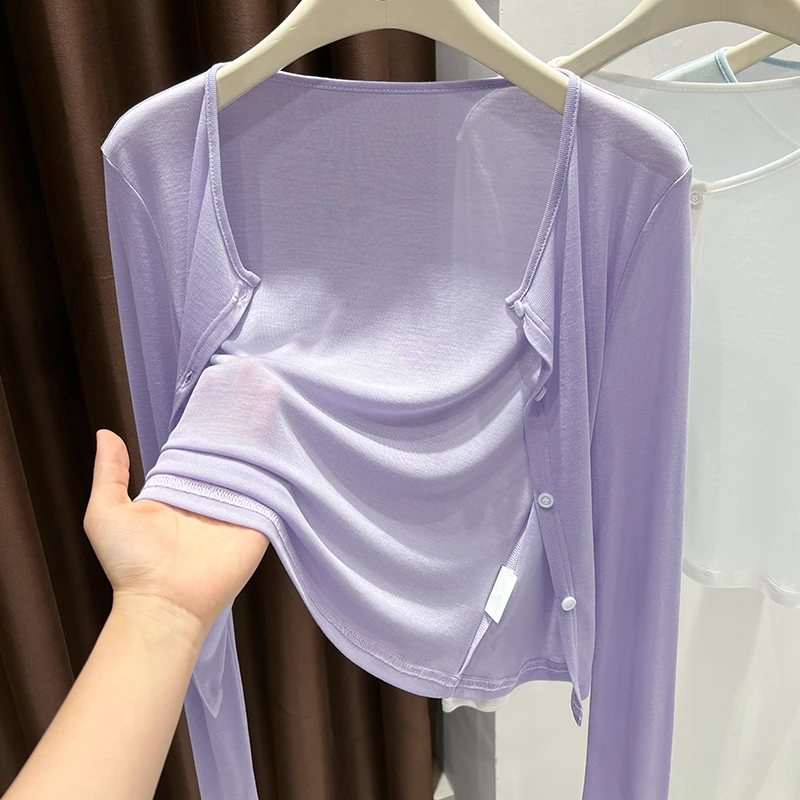 莱赛尔面膜冰丝针织防晒长袖开衫女夏裙子外搭空调衫罩衫披肩上衣