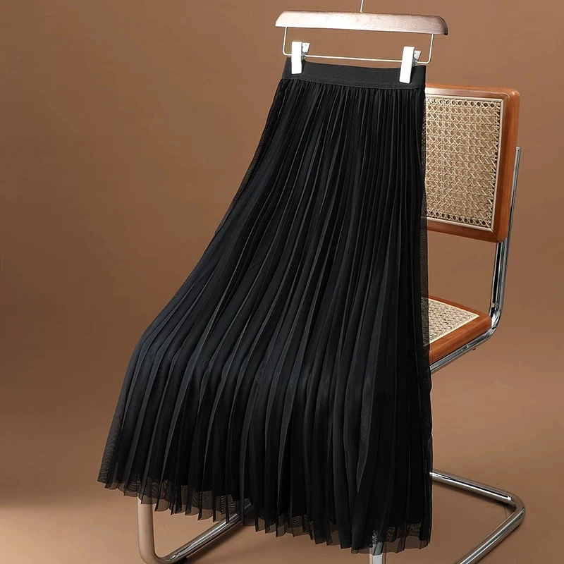 主播身上裙子  两面可穿高腰白色时尚百搭褶皱网纱裙