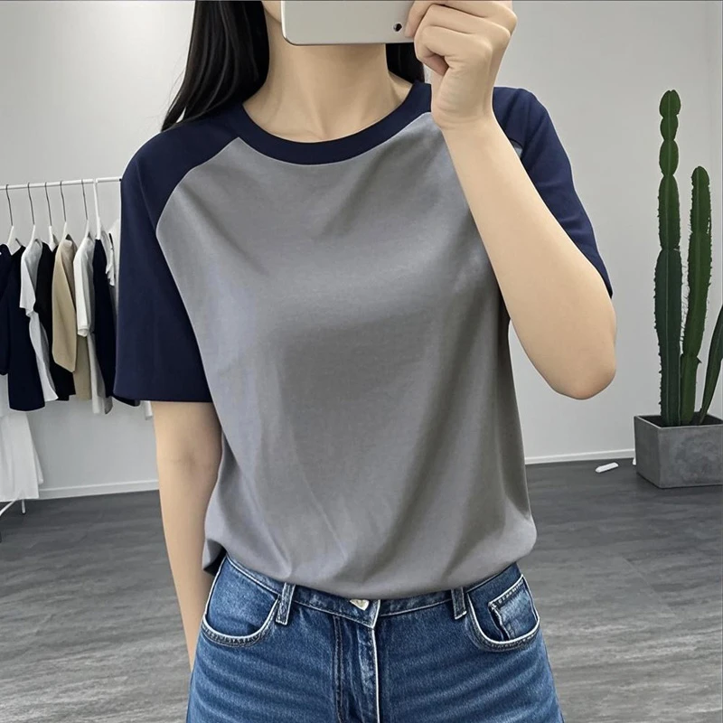 欧货撞色插肩短袖t恤女2025夏新款圆领印花洋气宽松棉质体恤上衣