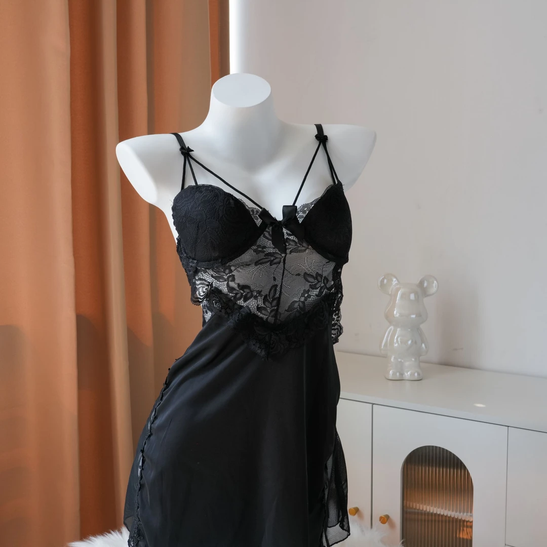 潮汐【80-210斤】大码睡裙女性感蕾丝带胸垫睡衣有钢圈聚拢露背吊带