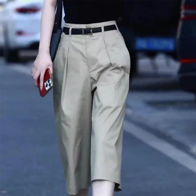 卡其色七分阔腿裤休闲西装裤夏季薄款2025高腰时尚百搭高级感裤子