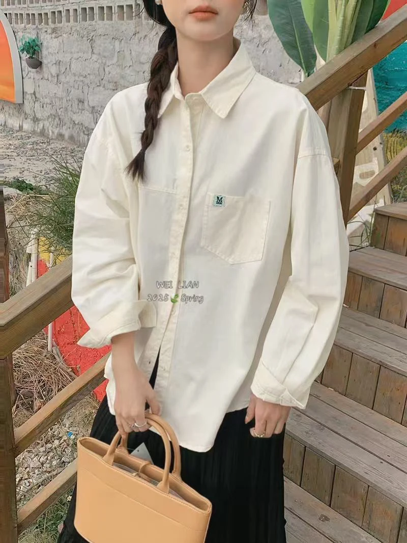 M字母单口袋糖果色牛仔棉衬衫慵懒百搭简约韩系