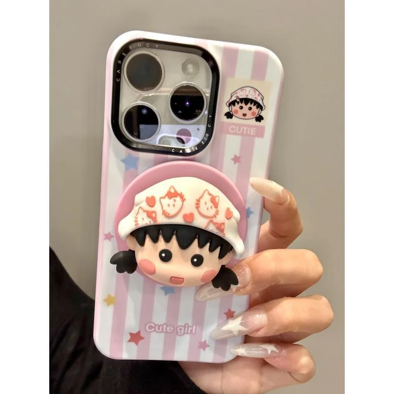 卡通粉白条纹彩色星星樱桃小丸子适用iphone16promax苹果15手机壳