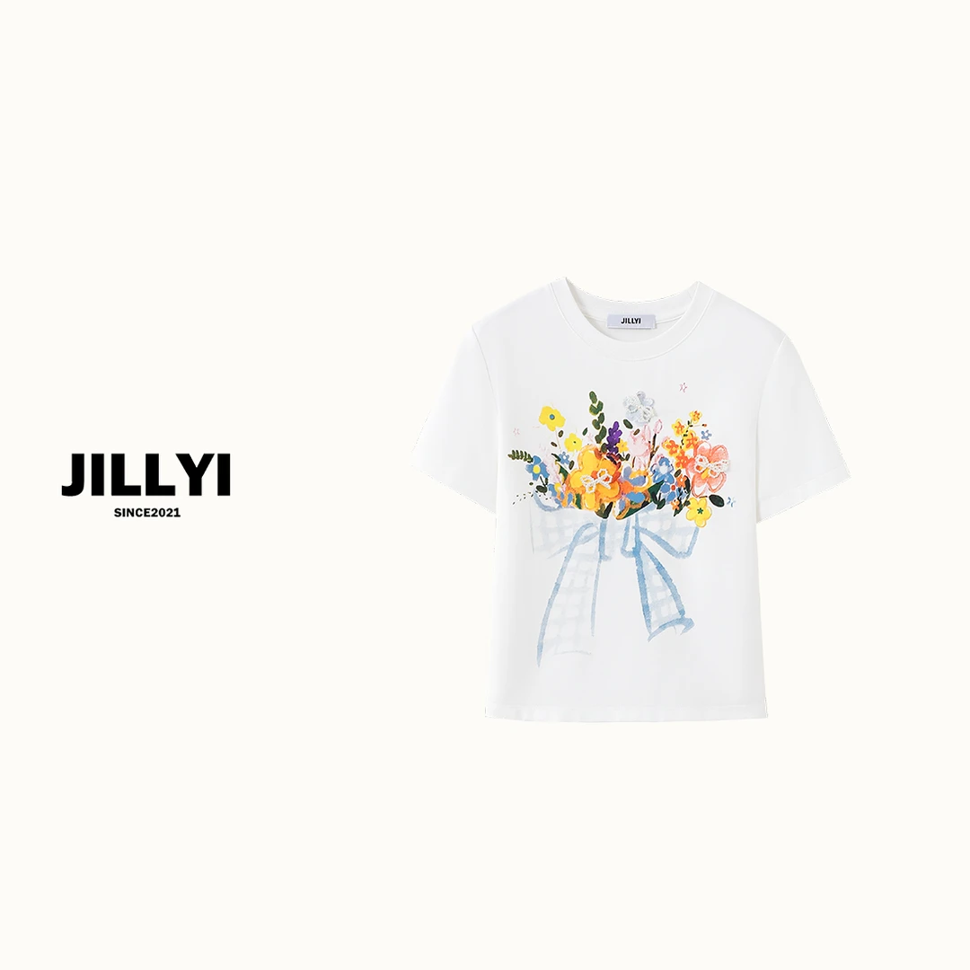 JILLYI【花束T】白色圆领彩色花团图案时尚百搭T恤休闲潮流