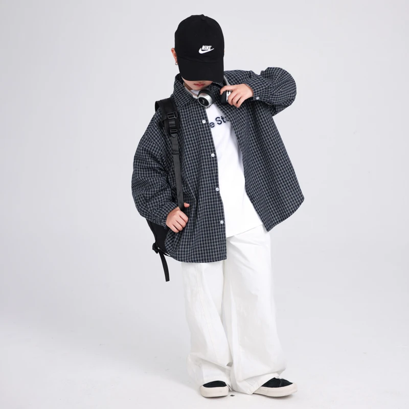 宽松日系男男装百搭格子男童单排扣韩版两件套春秋套装男士