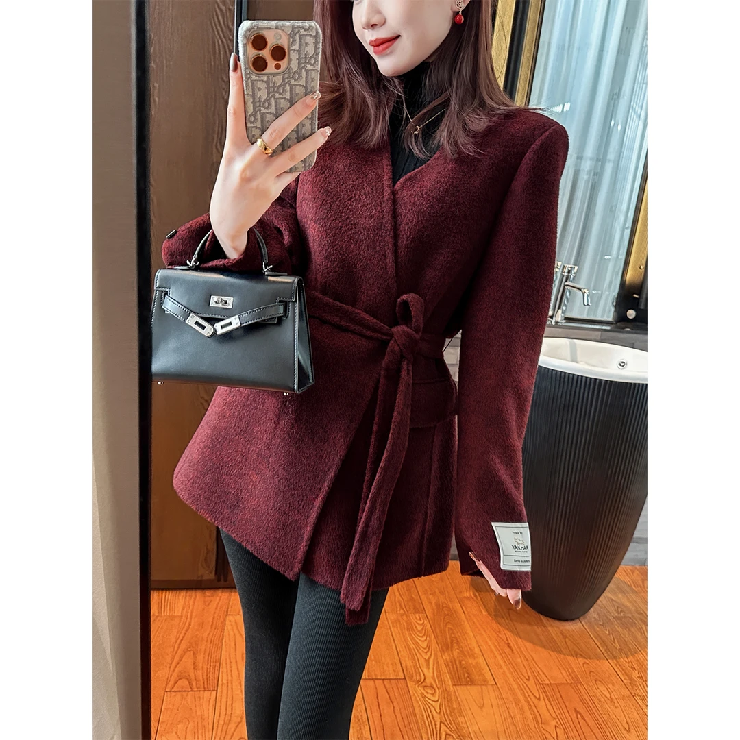 YOU SEE/柚见   暖冬高级感~  奢享质感  酒红色双面呢绵羊毛外套