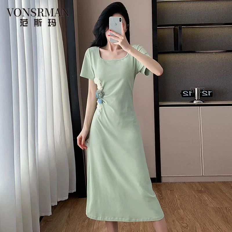 气质垂坠感绿色短袖连衣裙女夏季2025新款高级感方领收腰显瘦裙子