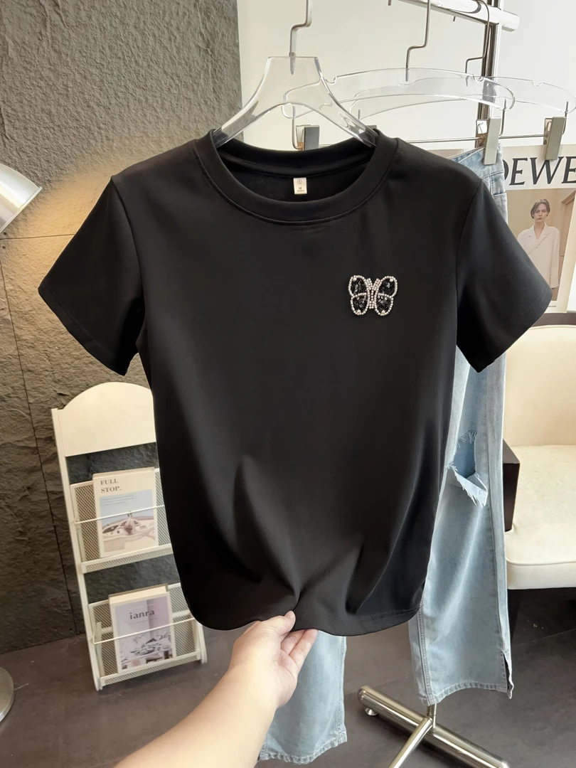 夏季2025新款镶钻钉珠蝴蝶常规款短袖T恤时尚刺绣潮流ins百搭修身